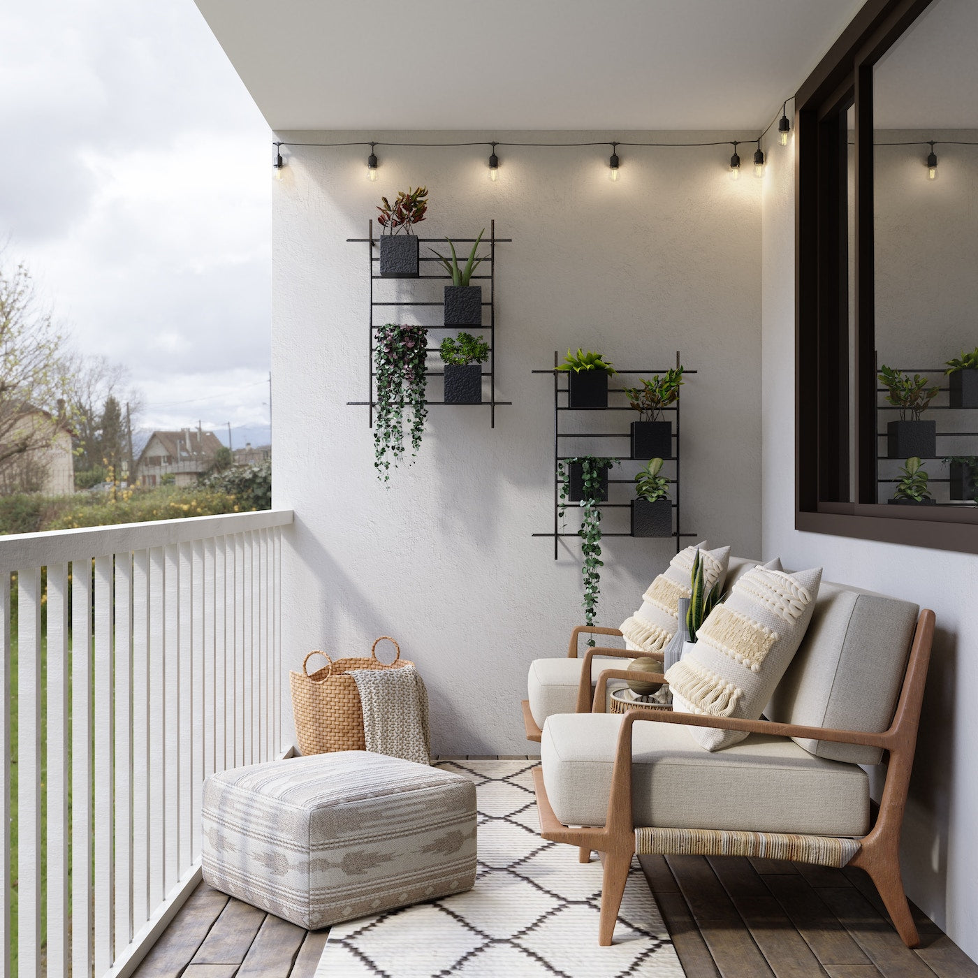 Modern white and beige balcony with comfortable seating and hanging shelves for plants.